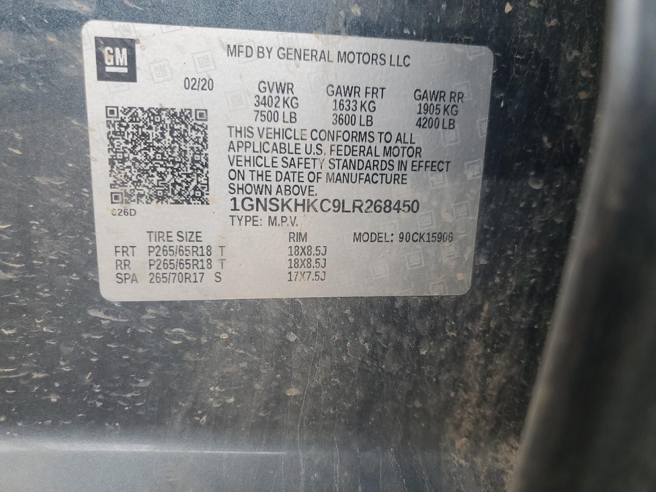 2020 Chevrolet Suburban K1500 Lt VIN: 1GNSKHKC9LR268450 Lot: 84291585