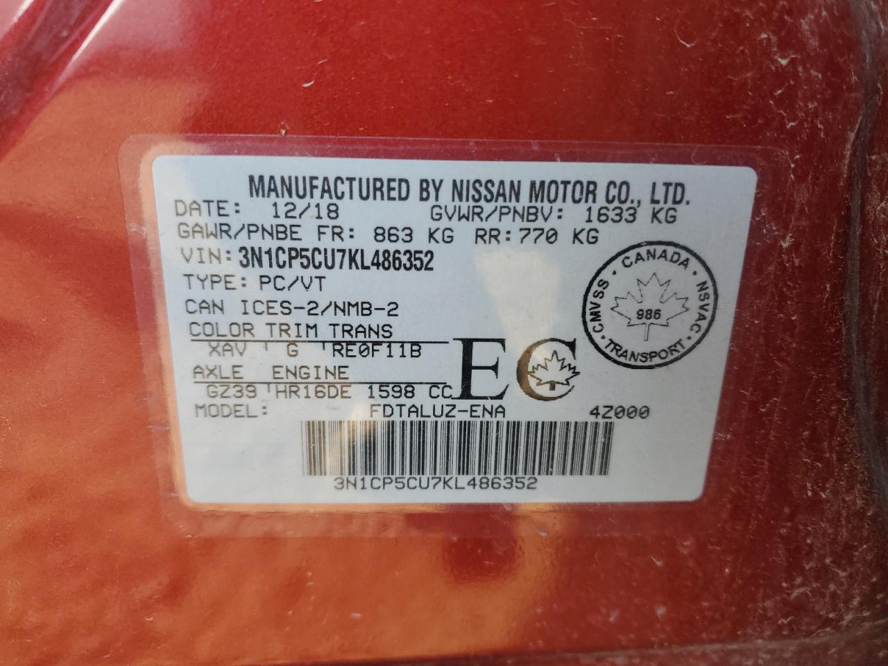 2019 Nissan Kicks S VIN: 3N1CP5CU7KL486352 Lot: 80994245