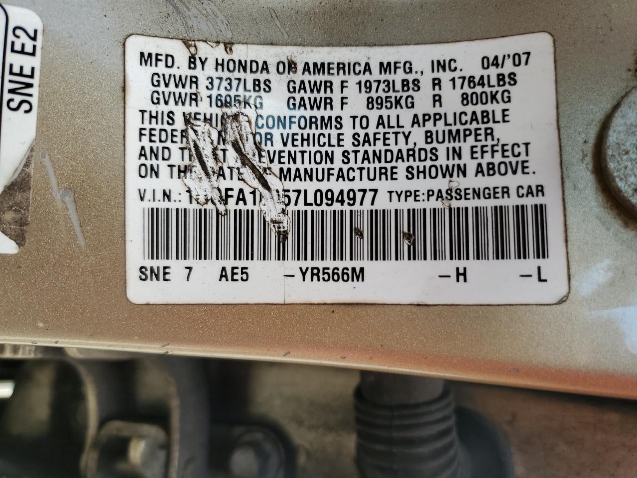 2007 Honda Civic Ex VIN: 1HGFA16857L094977 Lot: 82096145