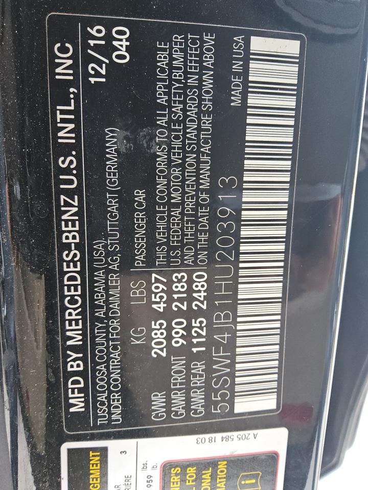 2017 Mercedes-Benz C 300 VIN: 55SWF4JB1HU203913 Lot: 80762855