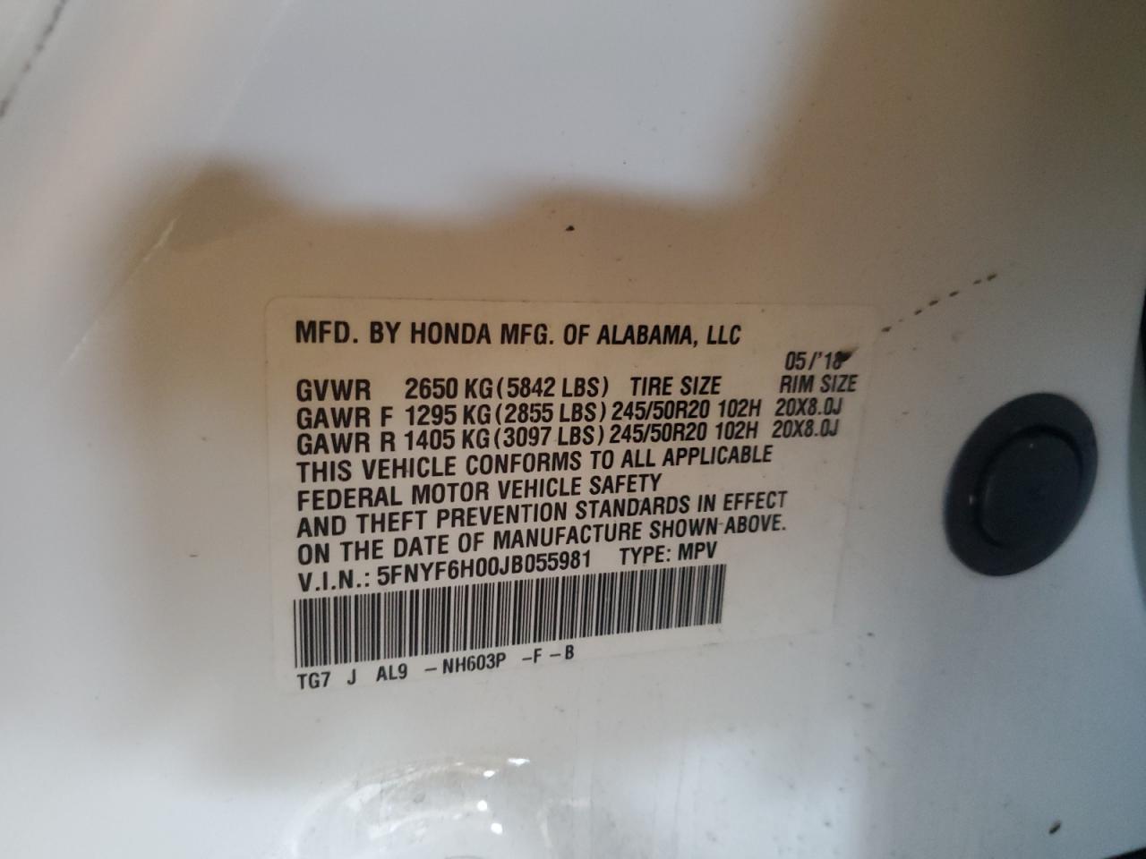 2018 Honda Pilot Elite VIN: 5FNYF6H00JB055981 Lot: 83758655