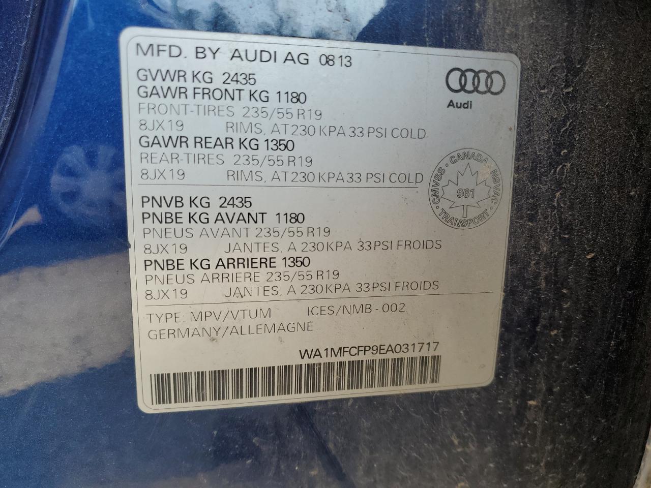2014 Audi Q5 Progressiv VIN: WA1MFCFP9EA031717 Lot: 70711235