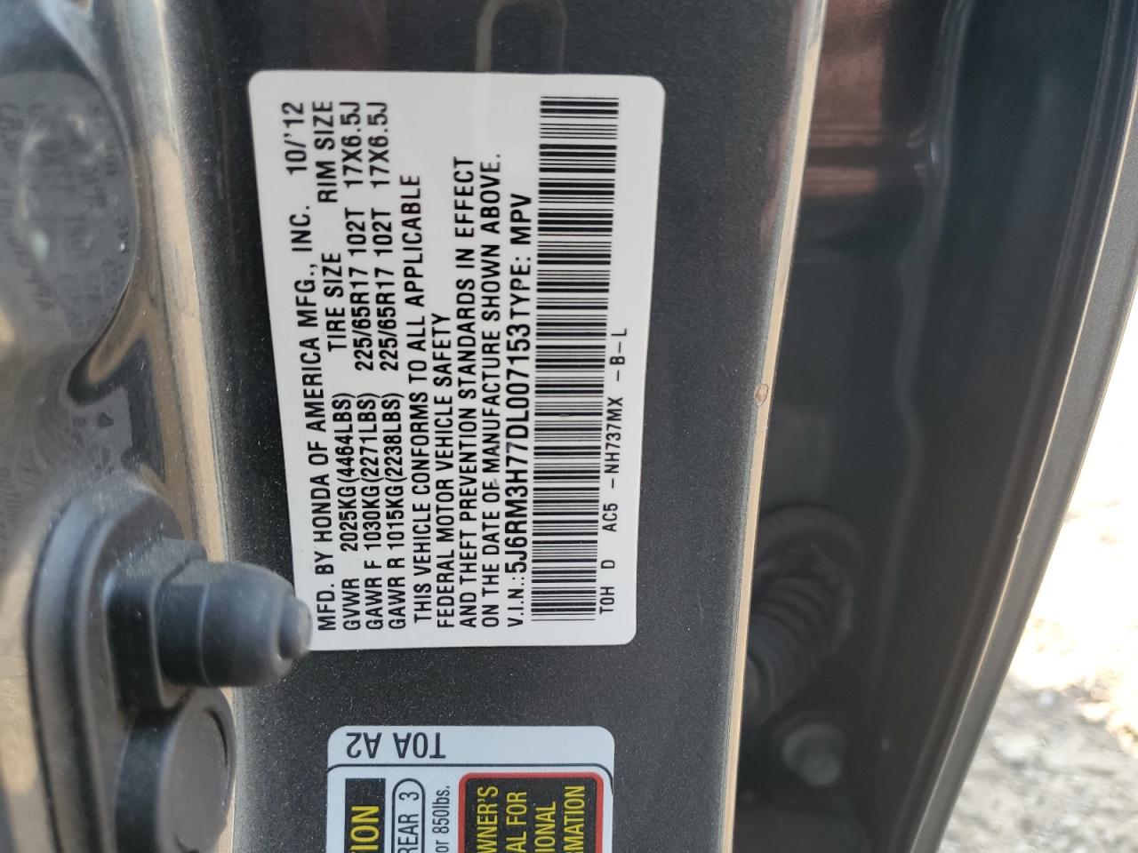 2013 Honda Cr-V Exl VIN: 5J6RM3H77DL007153 Lot: 80095145