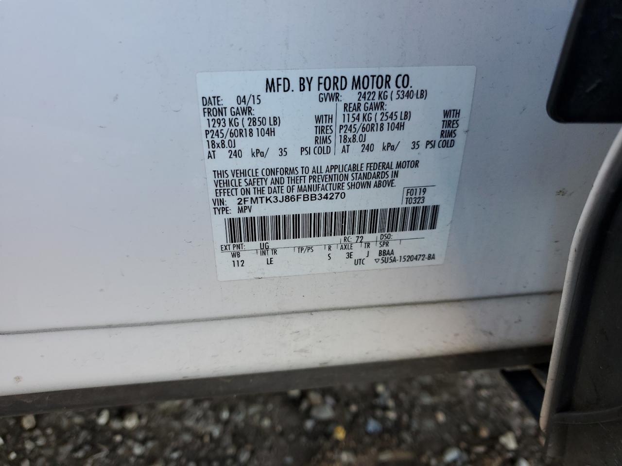 2015 Ford Edge Sel VIN: 2FMTK3J86FBB34270 Lot: 81706175