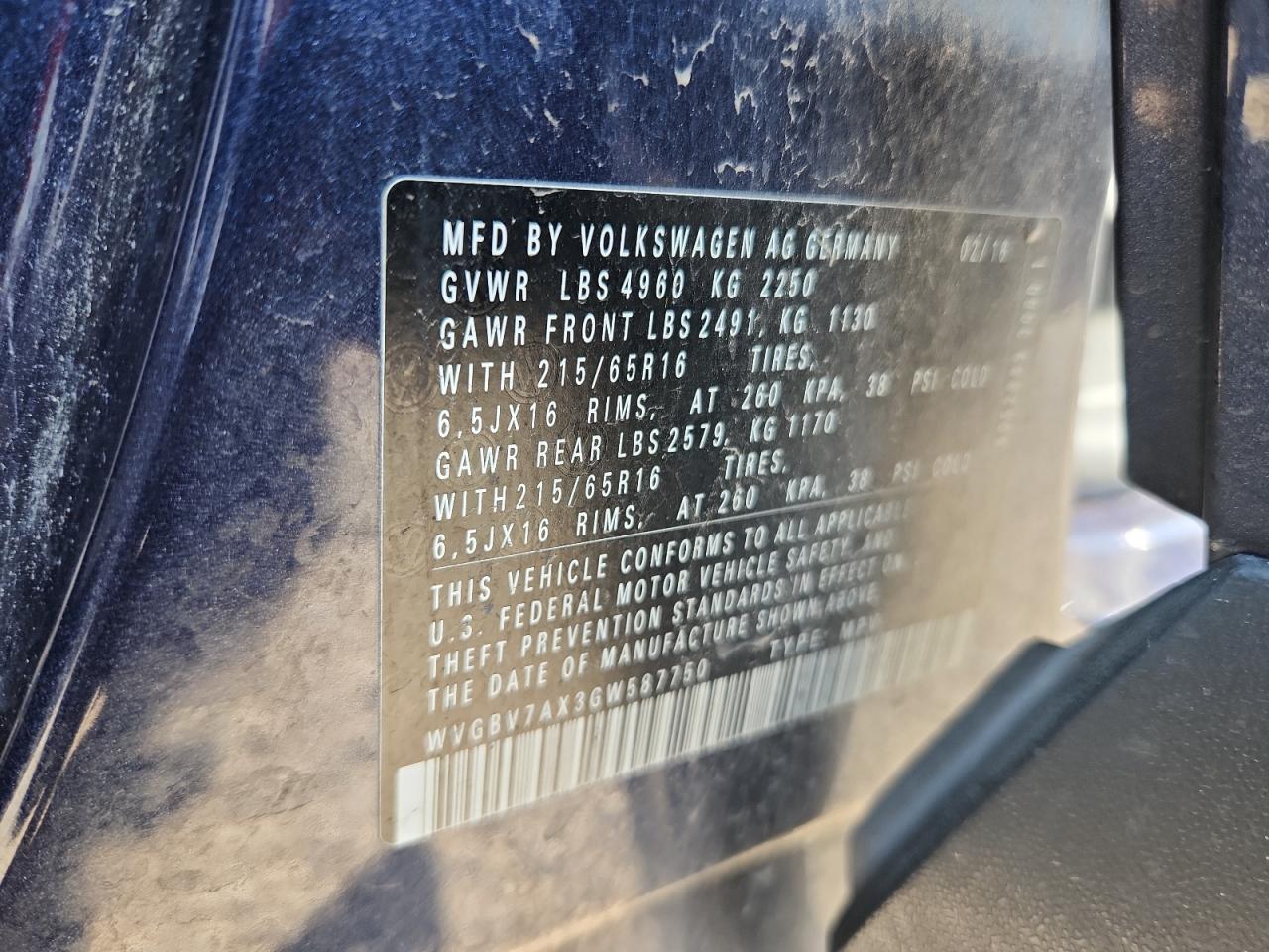 2016 Volkswagen Tiguan S VIN: WVGBV7AX3GW587750 Lot: 80458105