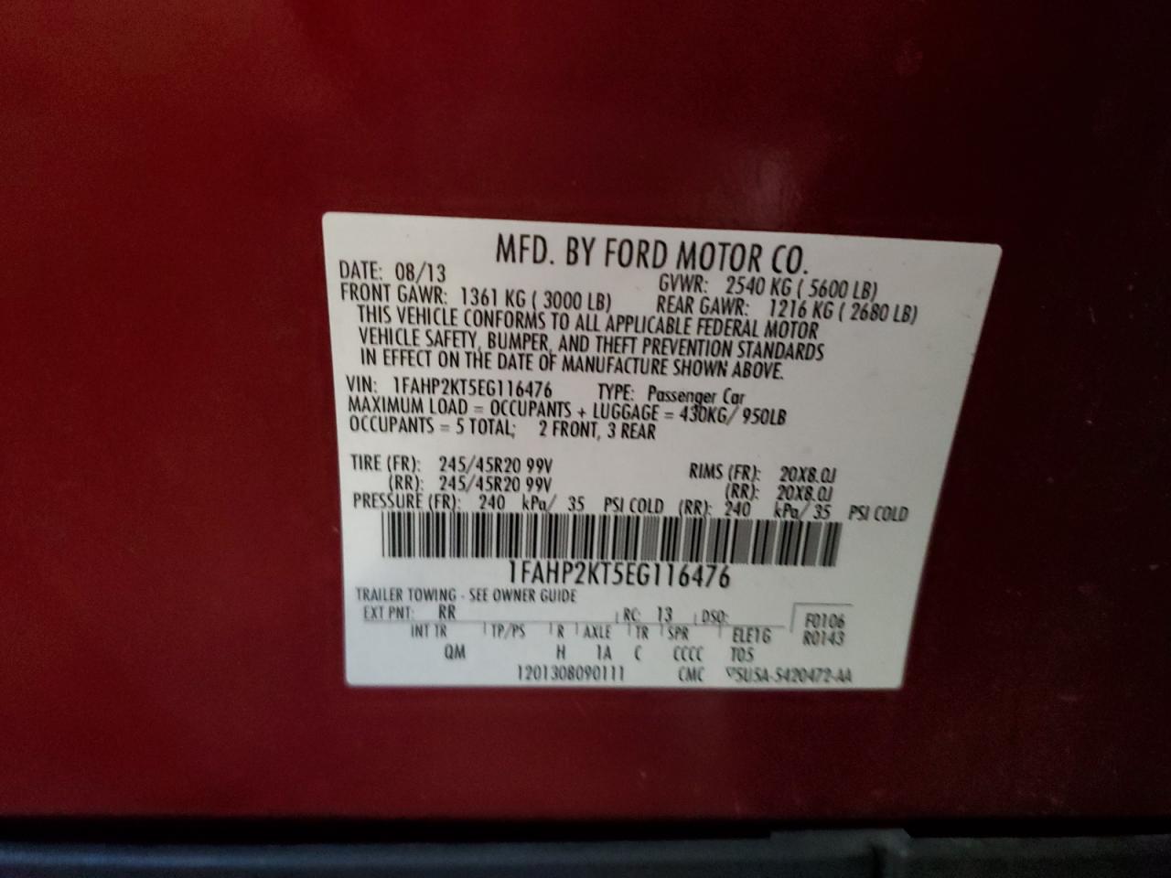 2014 Ford Taurus Sho VIN: 1FAHP2KT5EG116476 Lot: 81125035