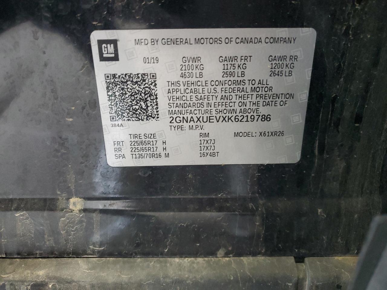 2019 Chevrolet Equinox Lt VIN: 2GNAXUEVXK6219786 Lot: 81476865