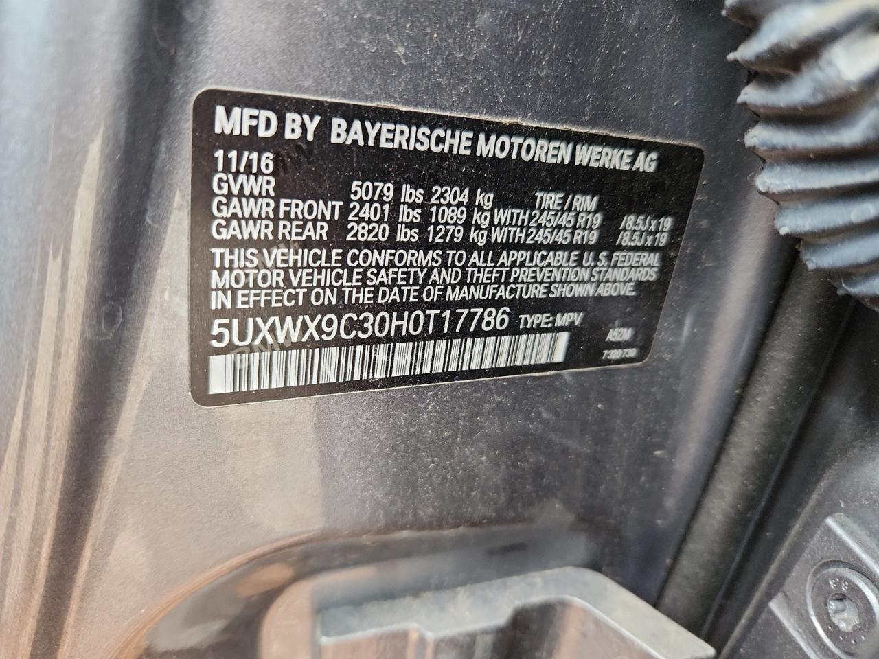 2017 BMW X3 xDrive28I VIN: 5UXWX9C30H0T17786 Lot: 80783685