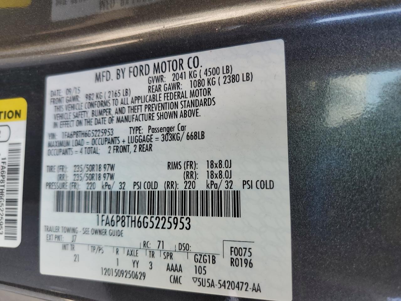 2016 Ford Mustang VIN: 1FA6P8TH6G5225953 Lot: 81276605