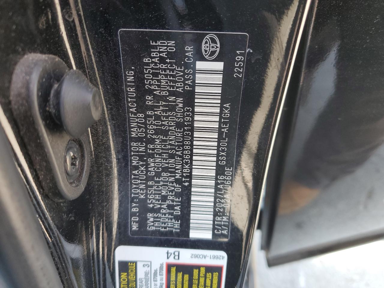 2008 Toyota Avalon Xl VIN: 4T1BK36B88U311933 Lot: 81135055