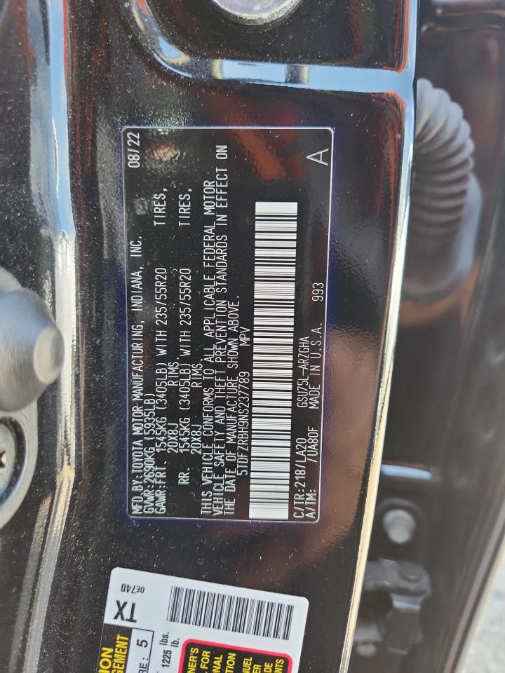 2022 Toyota Highlander Platinum VIN: 5TDFZRBH9NS237789 Lot: 80379195