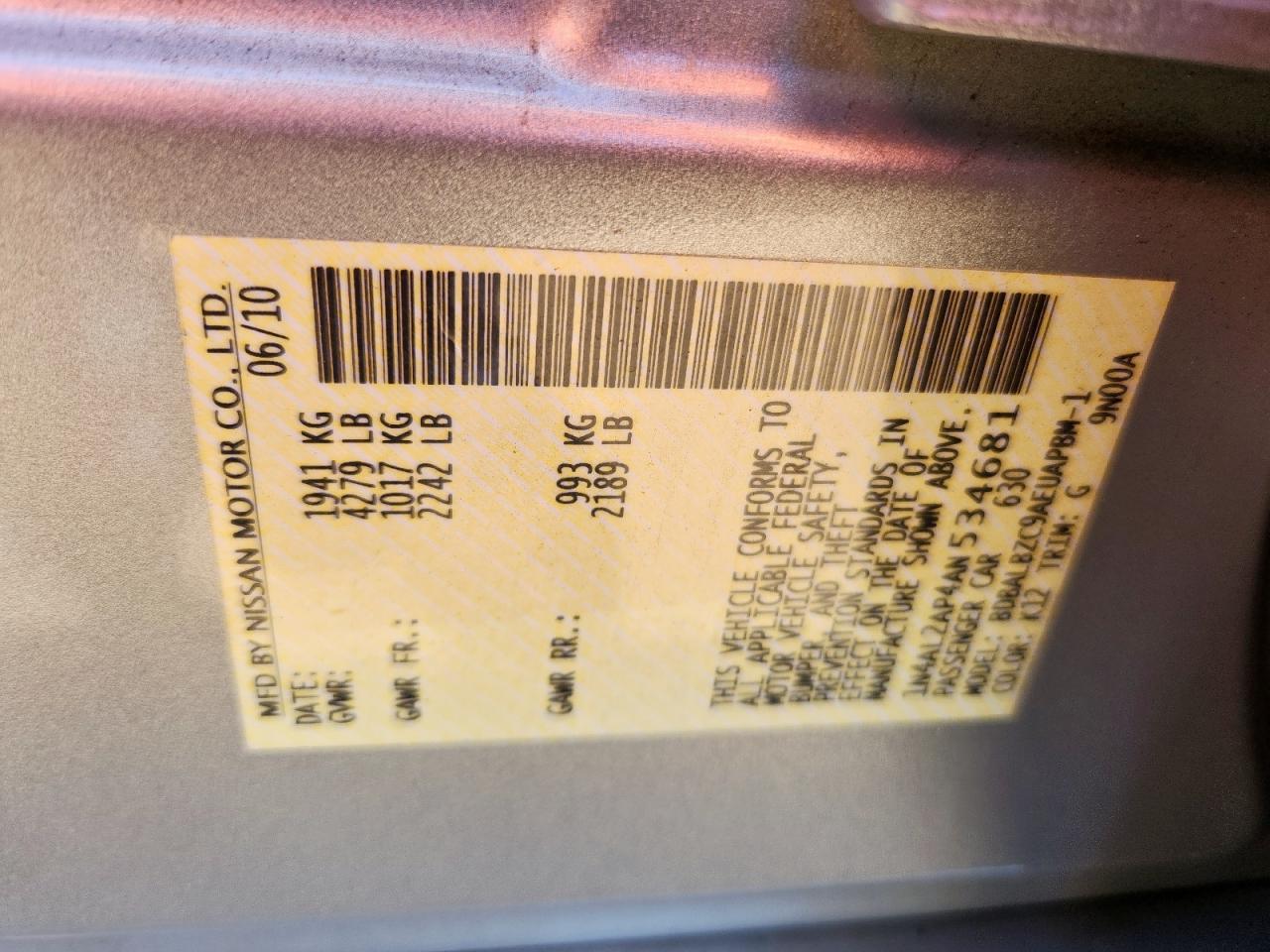 2010 Nissan Altima Base VIN: 1N4AL2AP4AN534681 Lot: 71703425