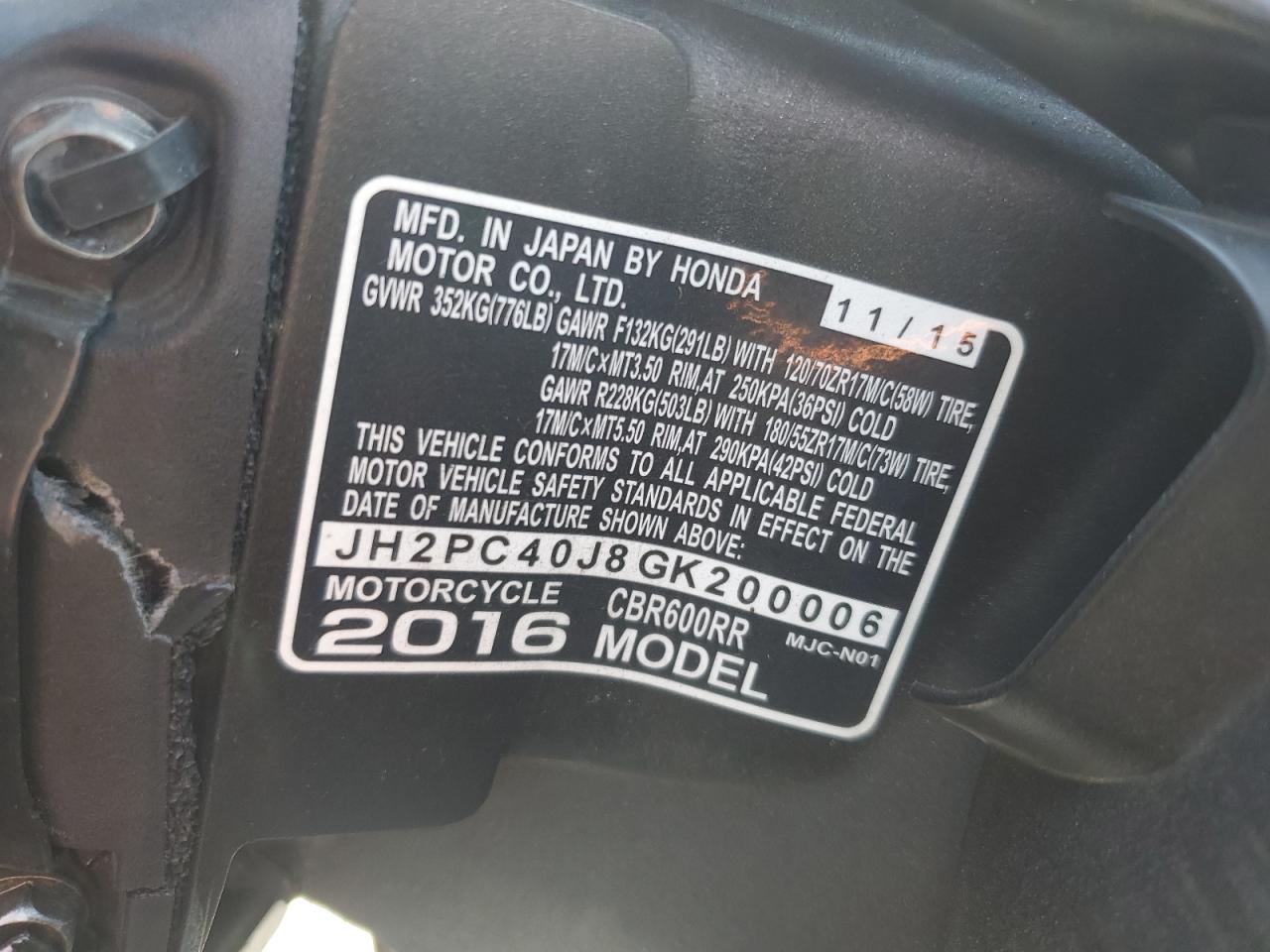 2016 Honda Cbr600 Rr VIN: JH2PC40J8GK200006 Lot: 72065605
