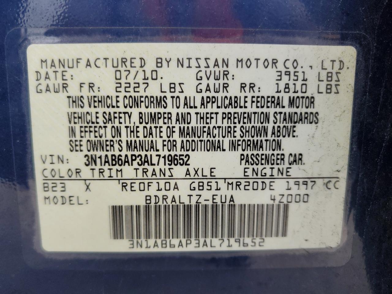 2010 Nissan Sentra 2.0 VIN: 3N1AB6AP3AL719652 Lot: 84607905