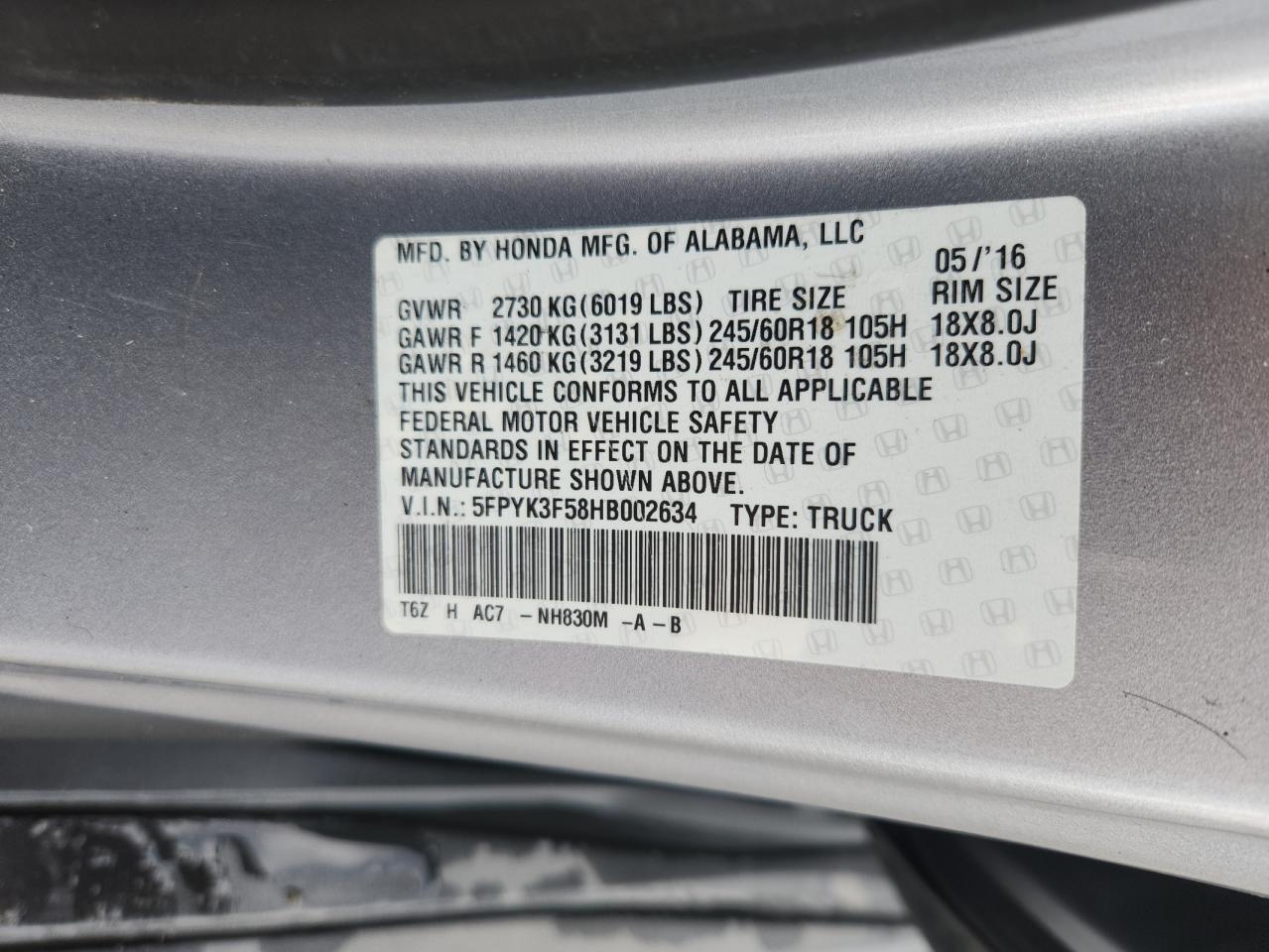 2017 Honda Ridgeline Rtl VIN: 5FPYK3F58HB002634 Lot: 81412855