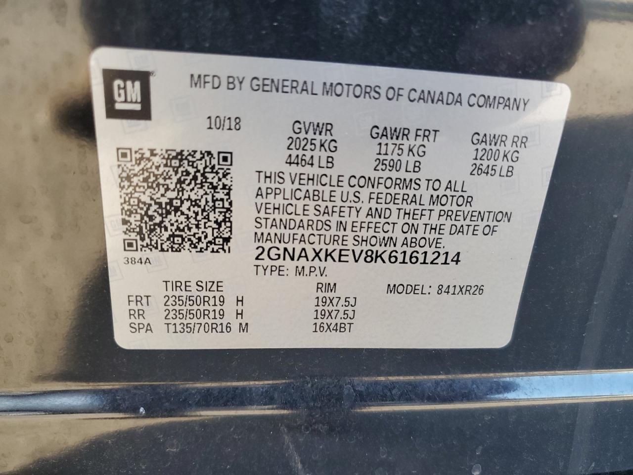 2019 Chevrolet Equinox Lt VIN: 2GNAXKEV8K6161214 Lot: 71128725