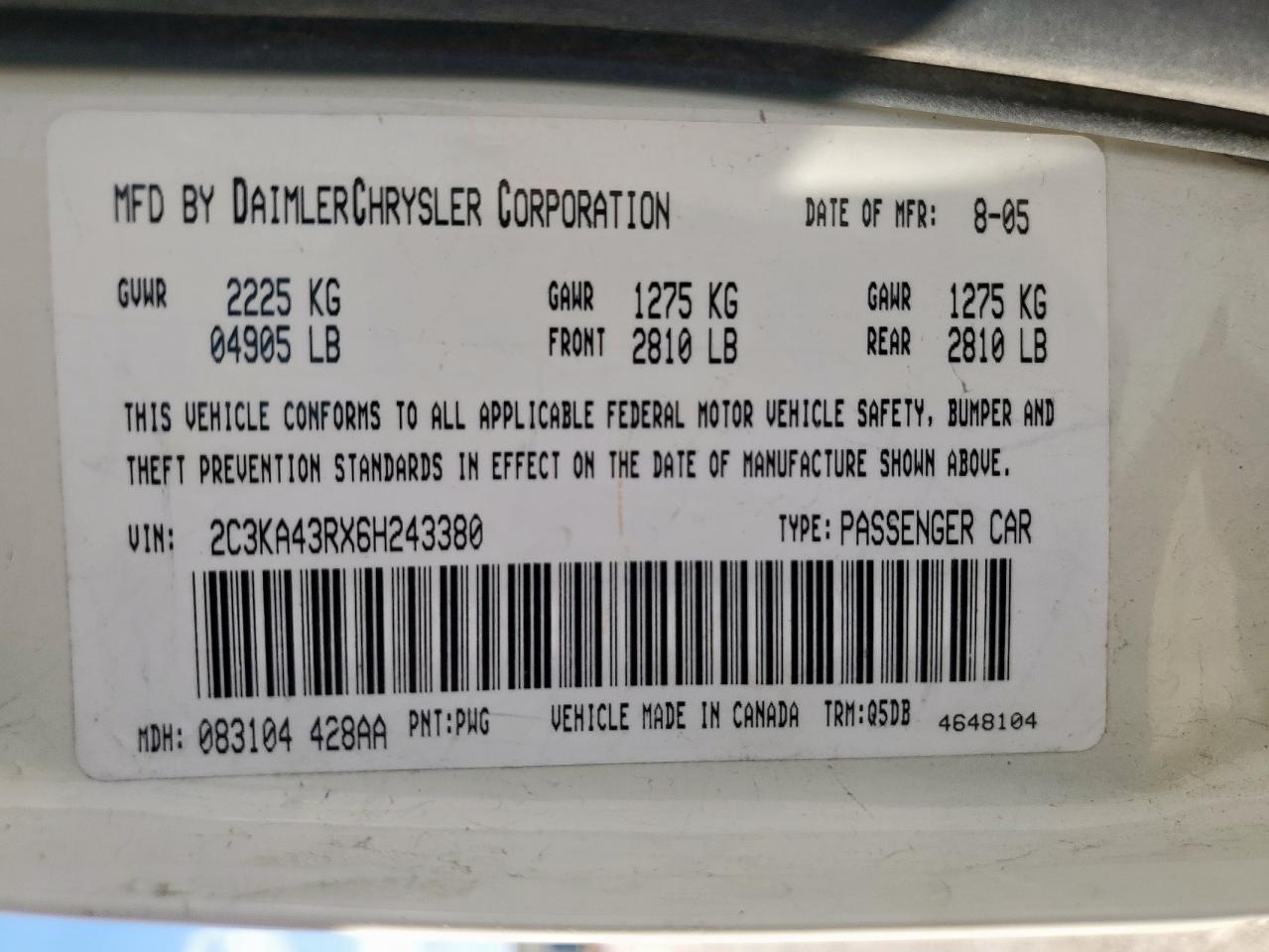 2006 Chrysler 300 VIN: 2C3KA43RX6H243380 Lot: 84591005