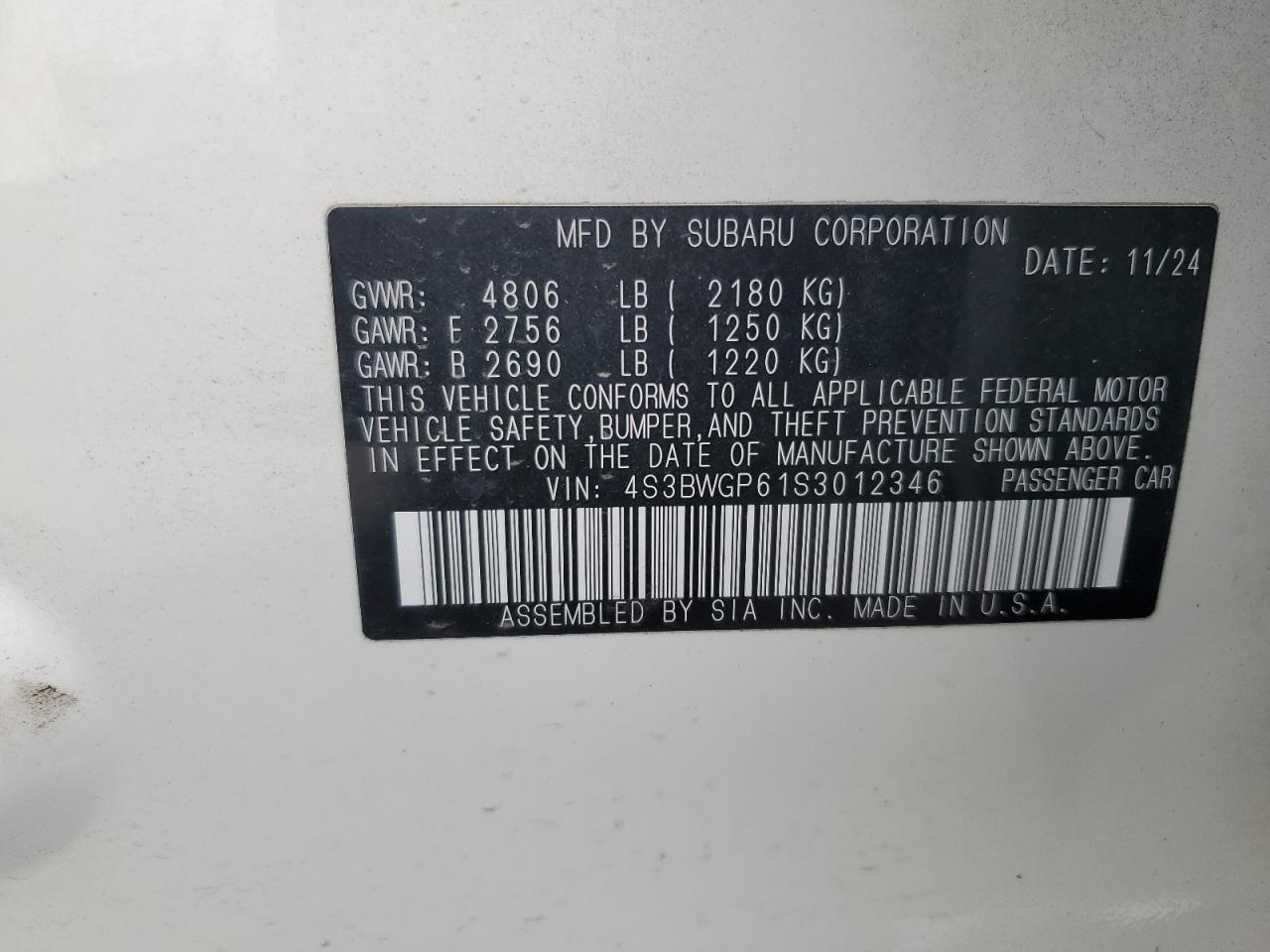 2025 Subaru Legacy Touring Xt VIN: 4S3BWGP61S3012346 Lot: 81032045