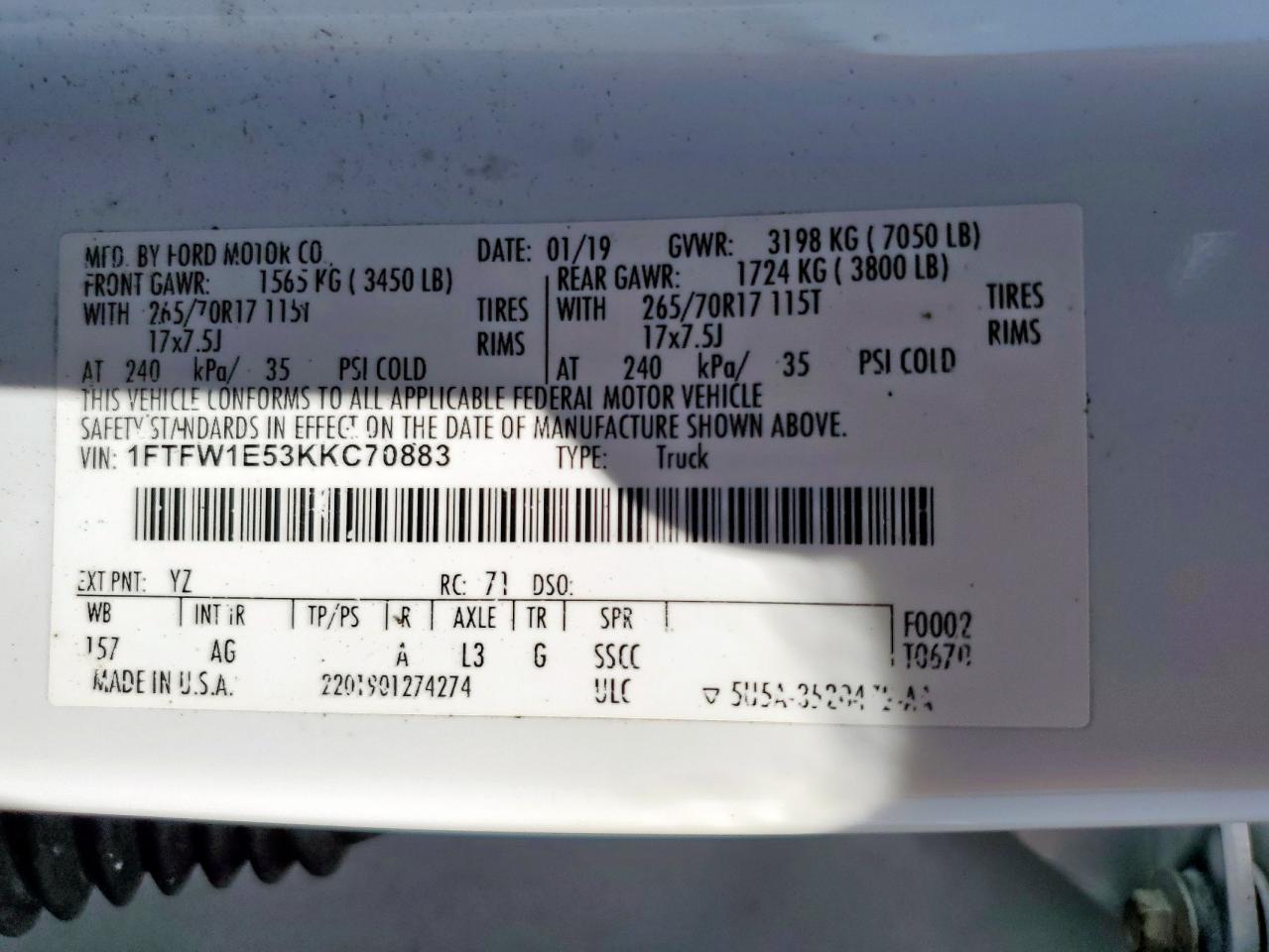 2019 Ford F150 Supercrew VIN: 1FTFW1E53KKC70883 Lot: 81429965