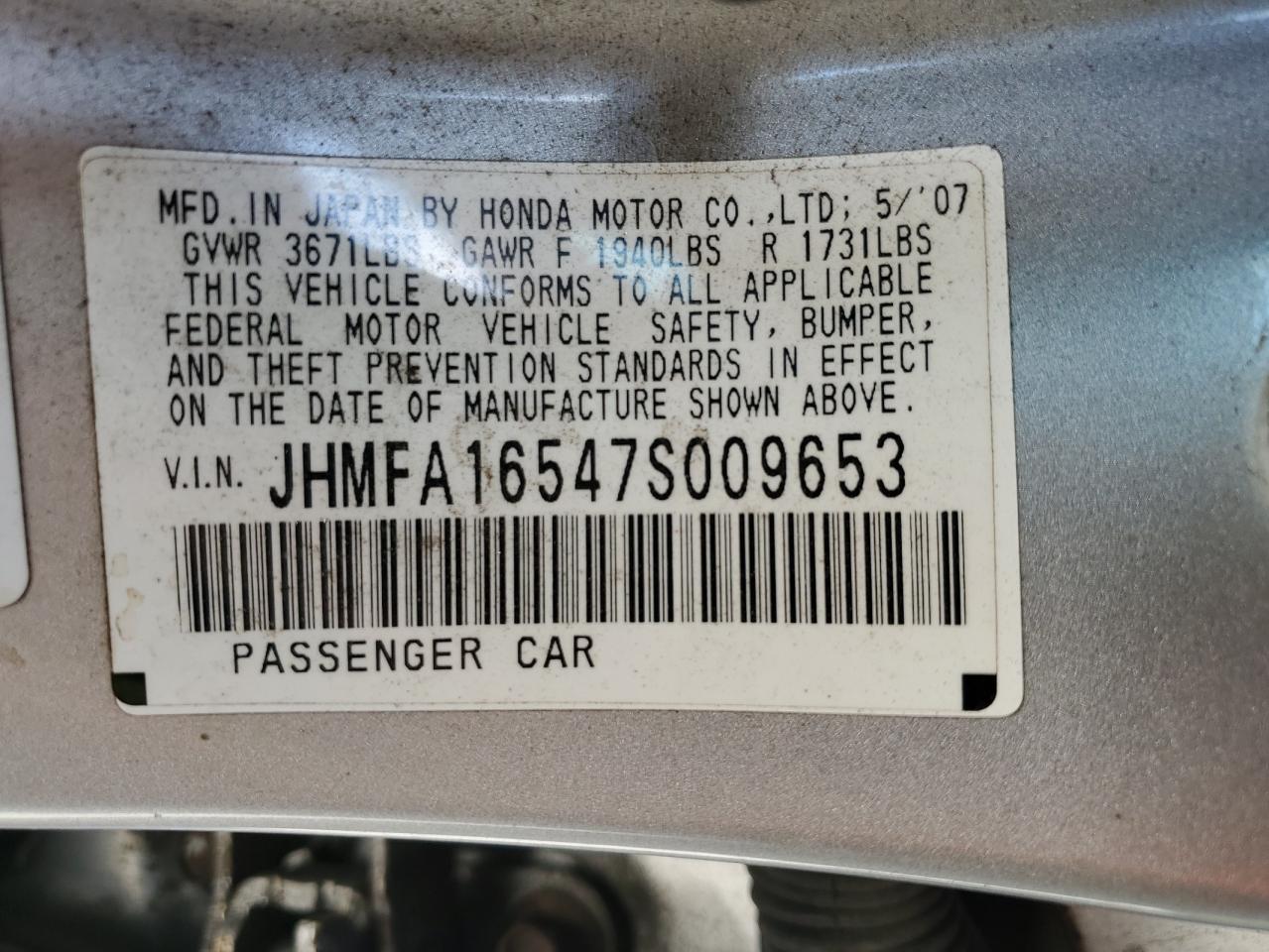 2007 Honda Civic Lx VIN: JHMFA16547S009653 Lot: 71455685