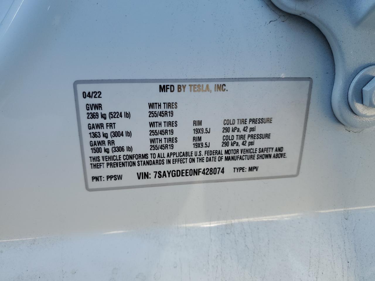 2022 Tesla Model Y VIN: 7SAYGDEE0NF428074 Lot: 71721855