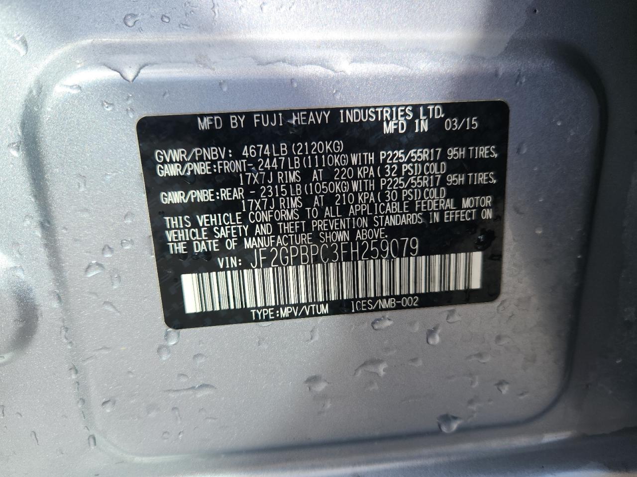 2015 Subaru Xv Crosstrek 2.0I Hybrid Touring VIN: JF2GPBPC3FH259079 Lot: 84451395