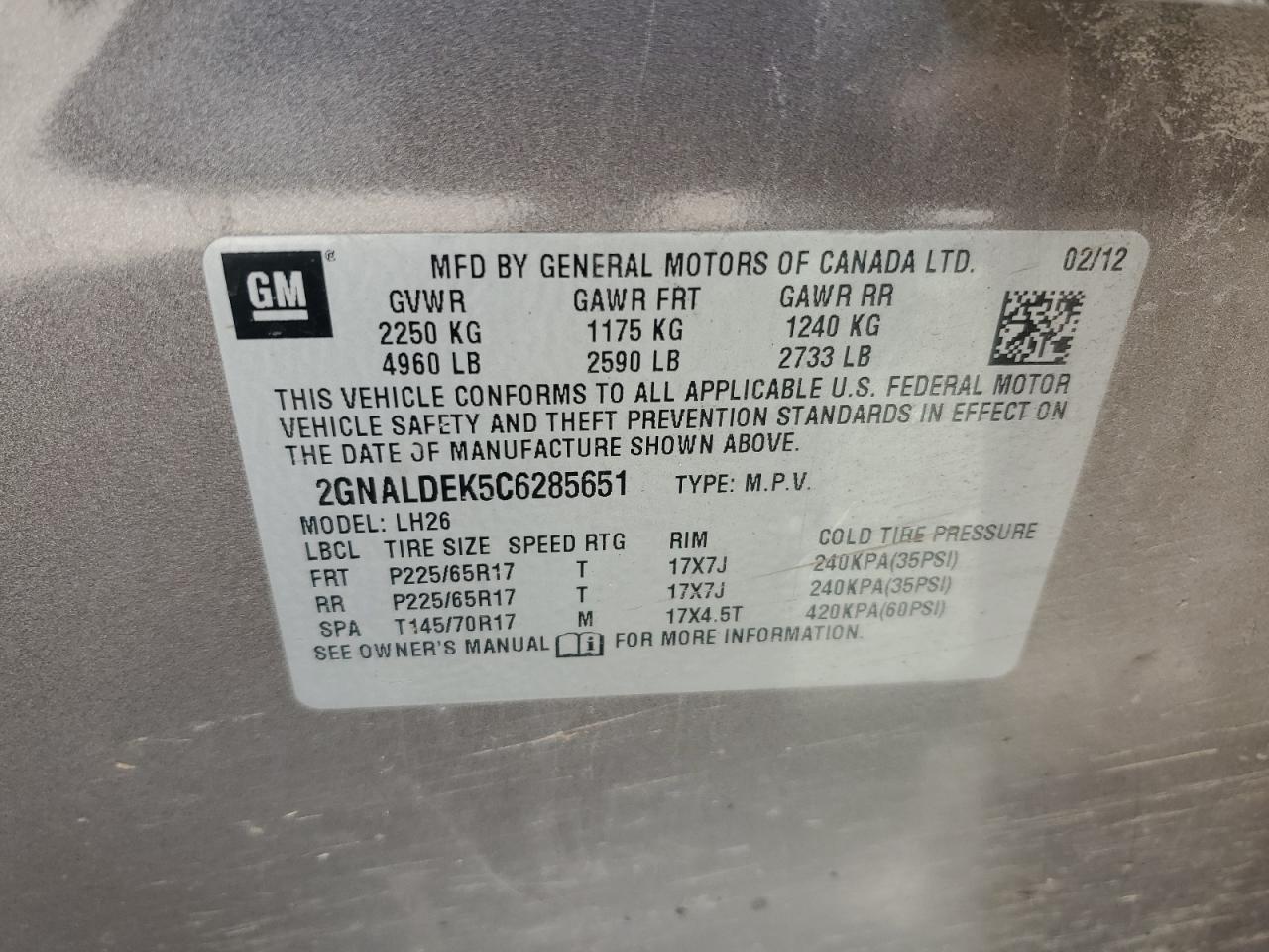 2012 Chevrolet Equinox Lt VIN: 2GNALDEK5C6285651 Lot: 71635555