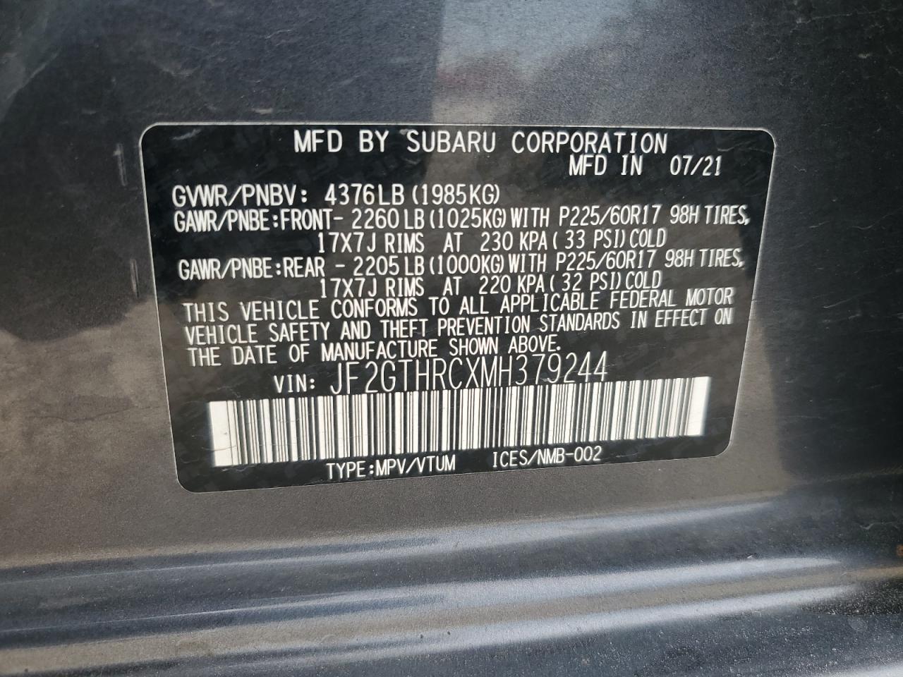 2021 Subaru Crosstrek Sport VIN: JF2GTHRCXMH379244 Lot: 71528935