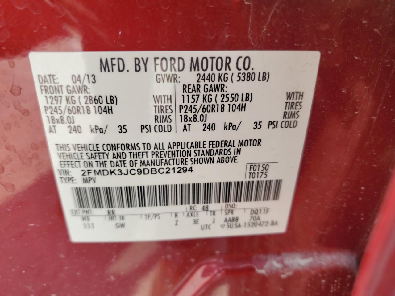 2013 Ford Edge Sel VIN: 2FMDK3JC9DBC21294 Lot: 71232705