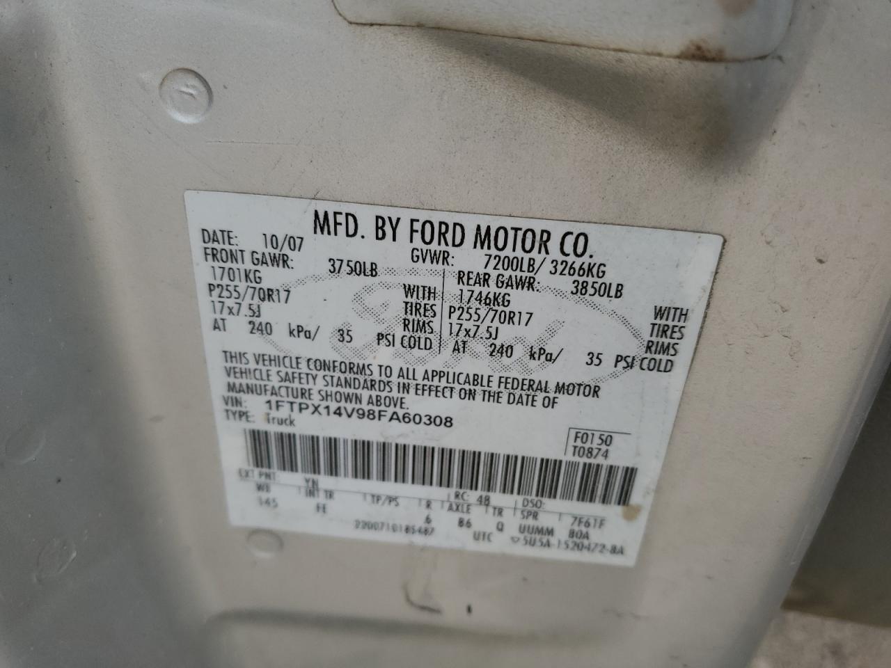 2008 Ford F150 VIN: 1FTPX14V98FA60308 Lot: 81488715