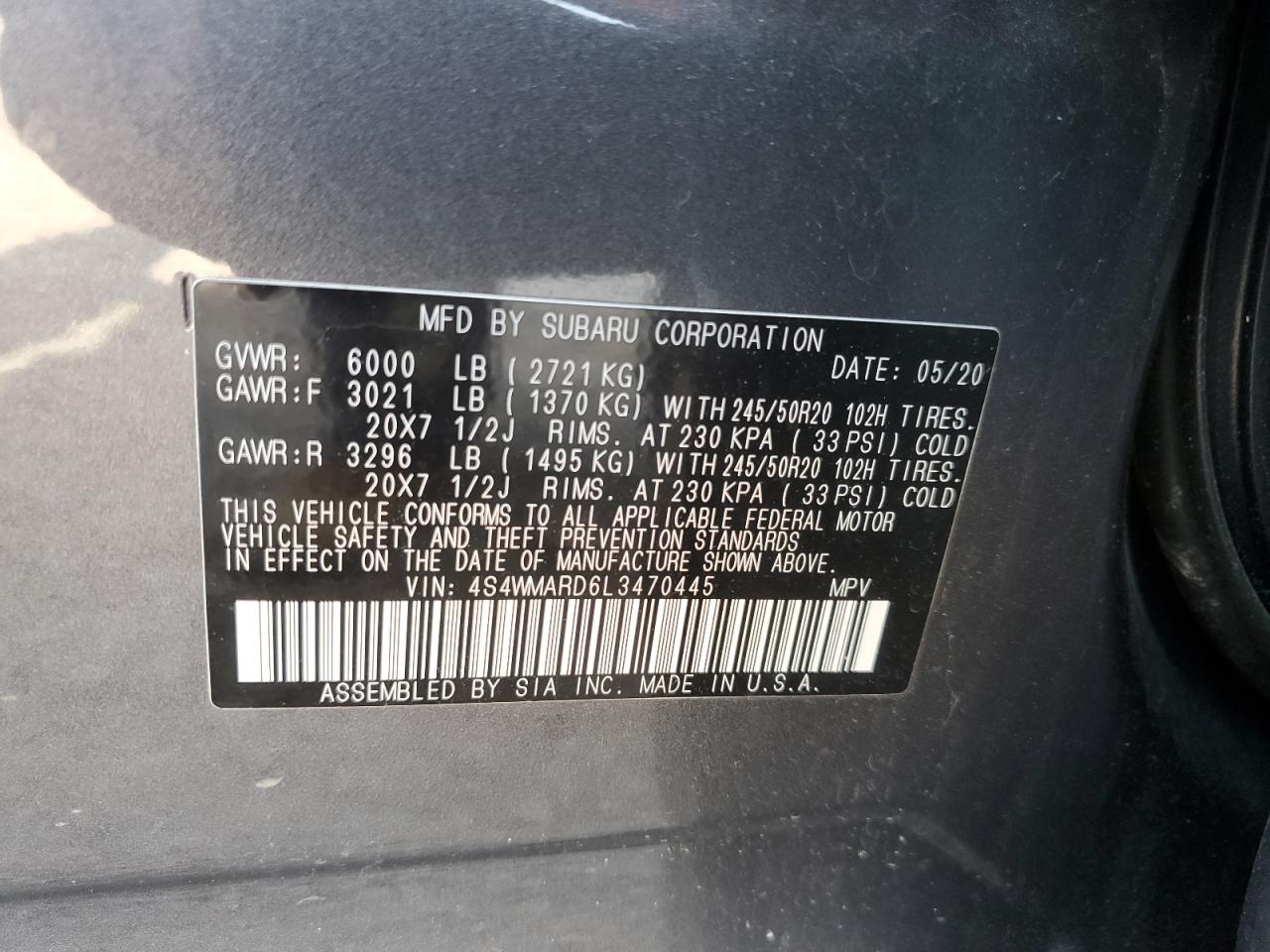 2020 Subaru Ascent Touring VIN: 4S4WMARD6L3470445 Lot: 71911555