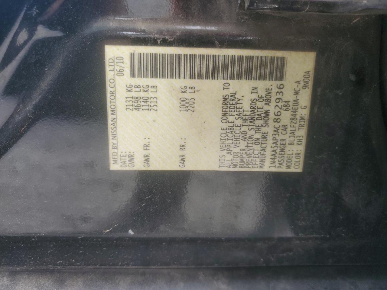 2010 Nissan Maxima S VIN: 1N4AA5AP3AC862936 Lot: 81936925