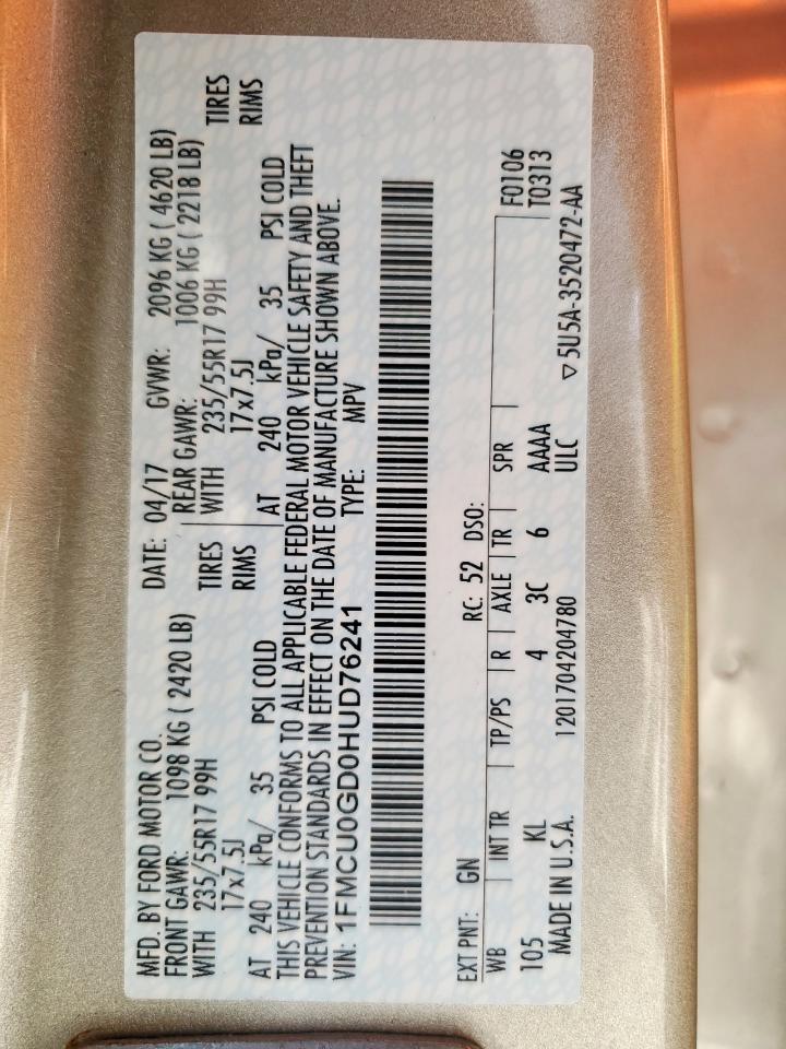 2017 Ford Escape Se VIN: 1FMCU0GD0HUD76241 Lot: 81542735