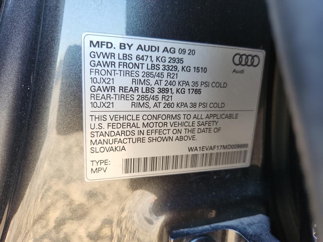 2021 Audi Q8 Premium Plus S-Line VIN: WA1EVAF17MD009669 Lot: 72039435