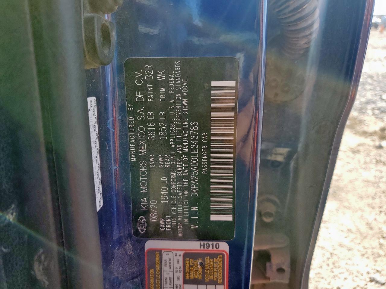 2020 Kia Rio Lx VIN: 3KPA25AD0LE343786 Lot: 83941725