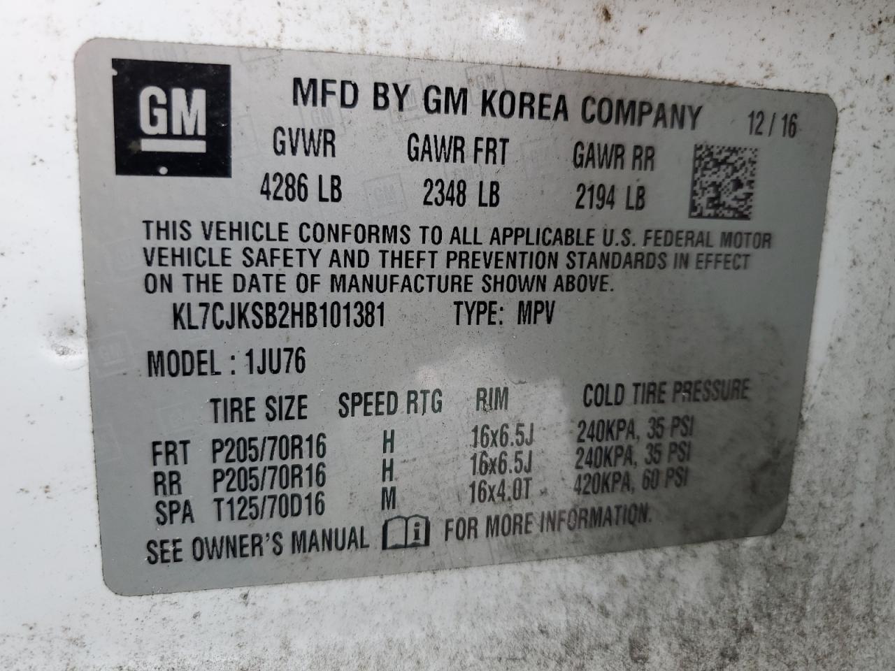 2017 Chevrolet Trax Ls VIN: KL7CJKSB2HB101381 Lot: 82039835