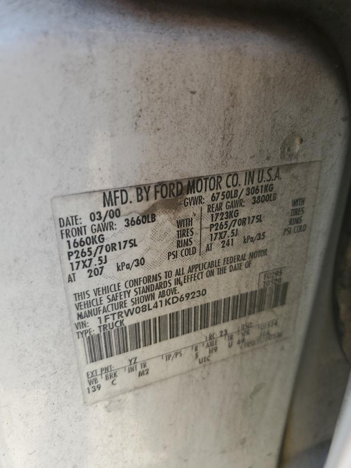 2001 Ford F150 Supercrew VIN: 1FTRW08L41KD69230 Lot: 71366665