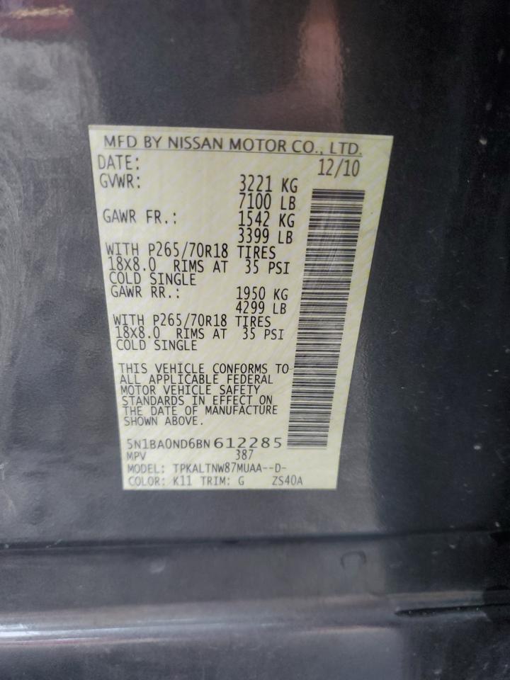 2011 Nissan Armada Sv VIN: 5N1BA0ND6BN612285 Lot: 70297275