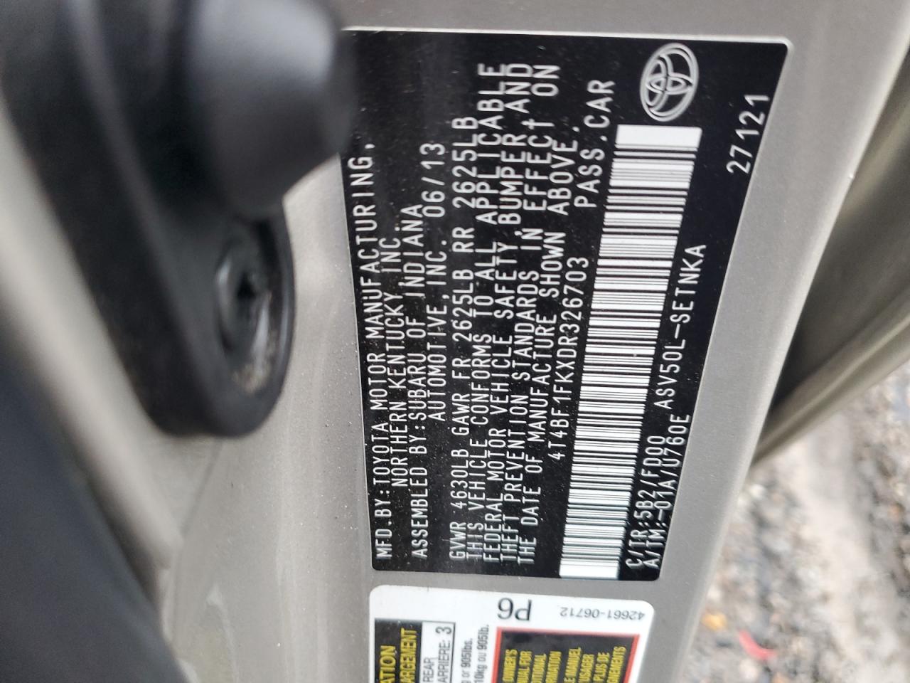 2013 Toyota Camry L VIN: 4T4BF1FKXDR326703 Lot: 84226335