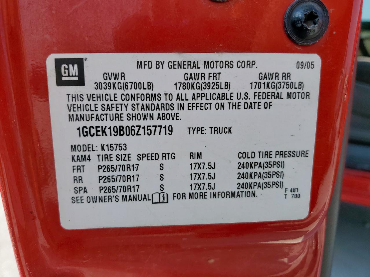 2006 Chevrolet Silverado K1500 VIN: 1GCEK19B06Z157719 Lot: 81352995