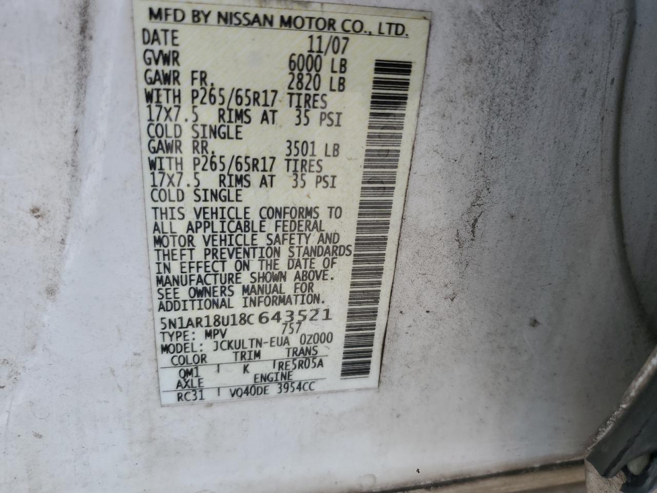 2008 Nissan Pathfinder S VIN: 5N1AR18U18C643521 Lot: 71052775