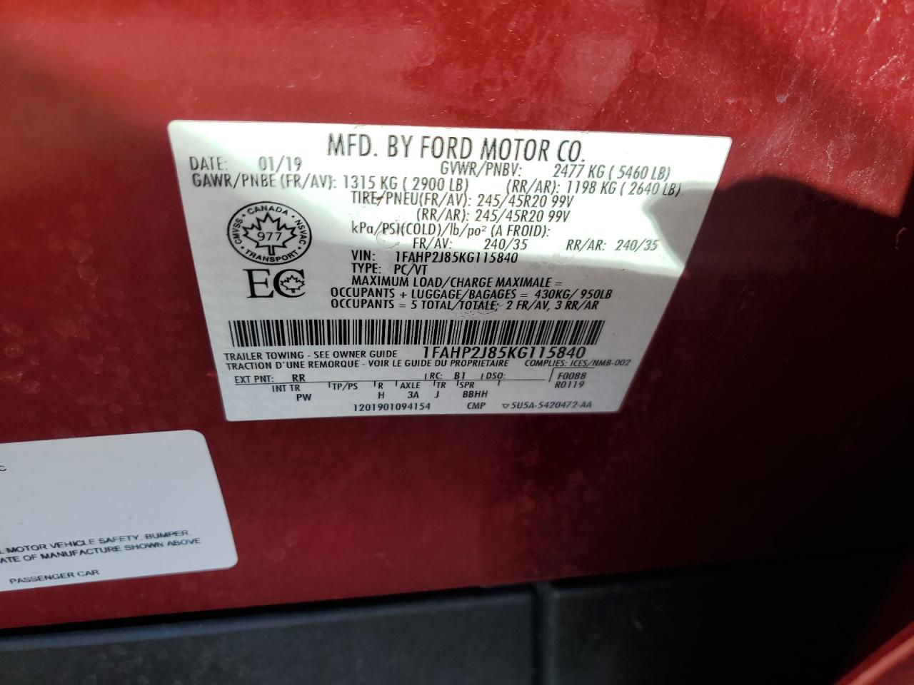 2019 Ford Taurus Limited VIN: 1FAHP2J85KG115840 Lot: 80630345