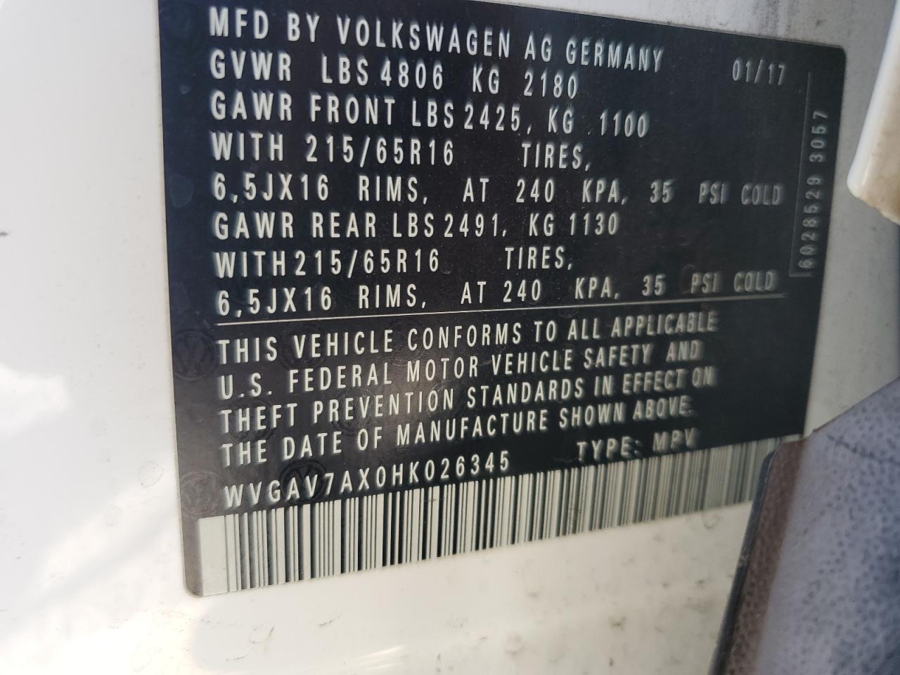 2017 Volkswagen Tiguan S VIN: WVGAV7AX0HK026345 Lot: 80848055