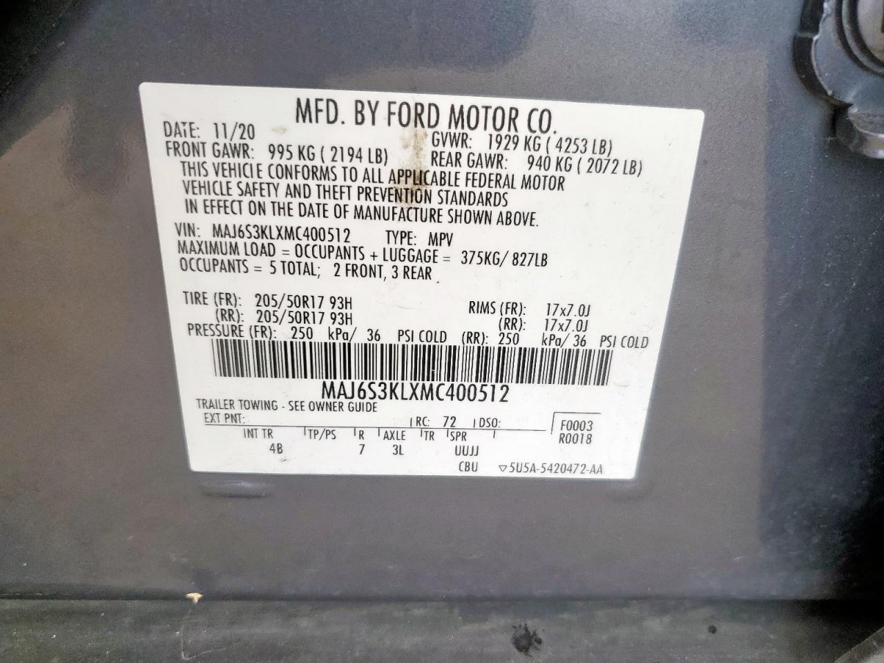 2021 Ford Ecosport Titanium VIN: MAJ6S3KLXMC400512 Lot: 84838065