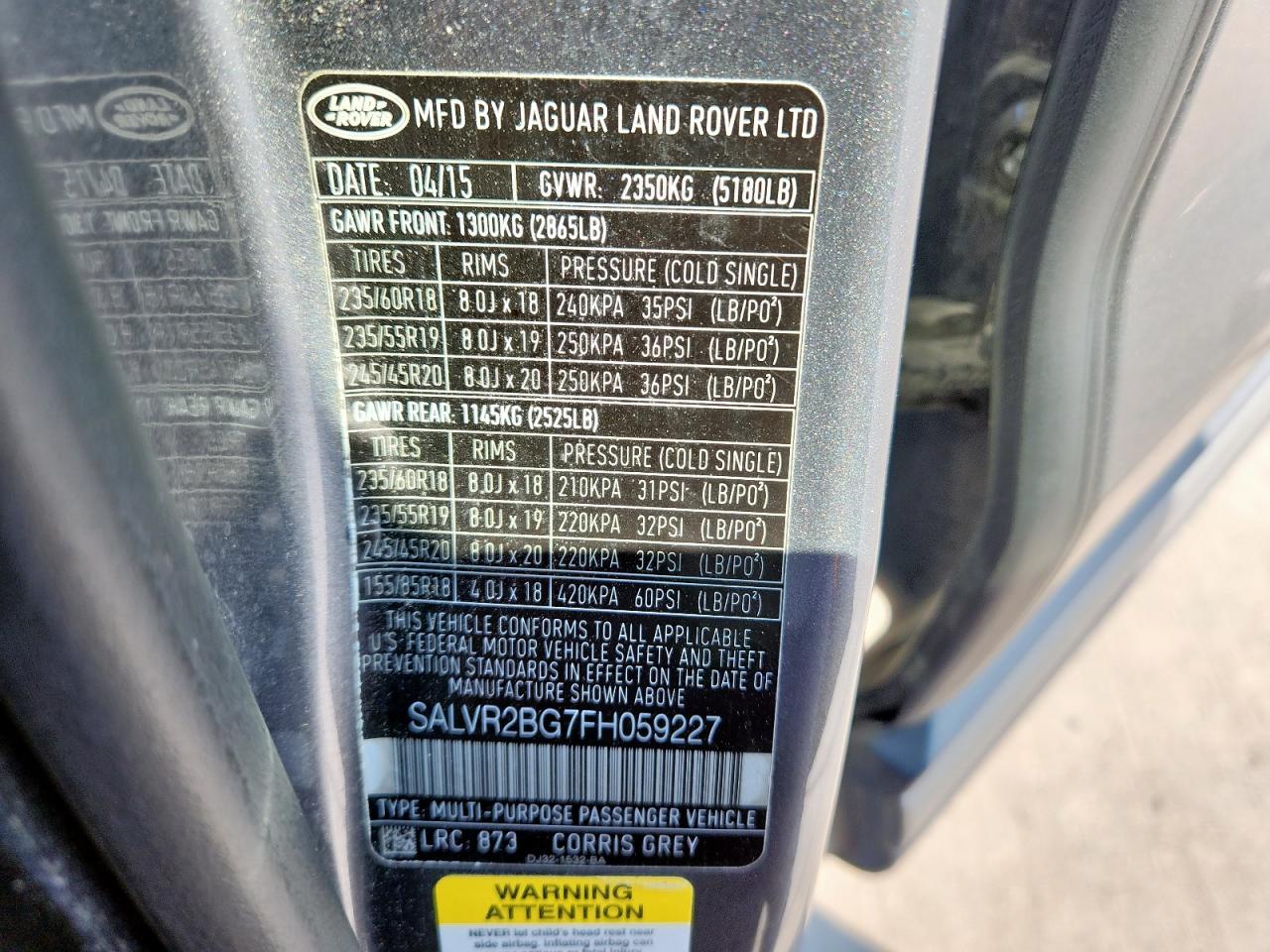 2015 Land Rover Range Rover Evoque Pure Premium VIN: SALVR2BG7FH059227 Lot: 80258295