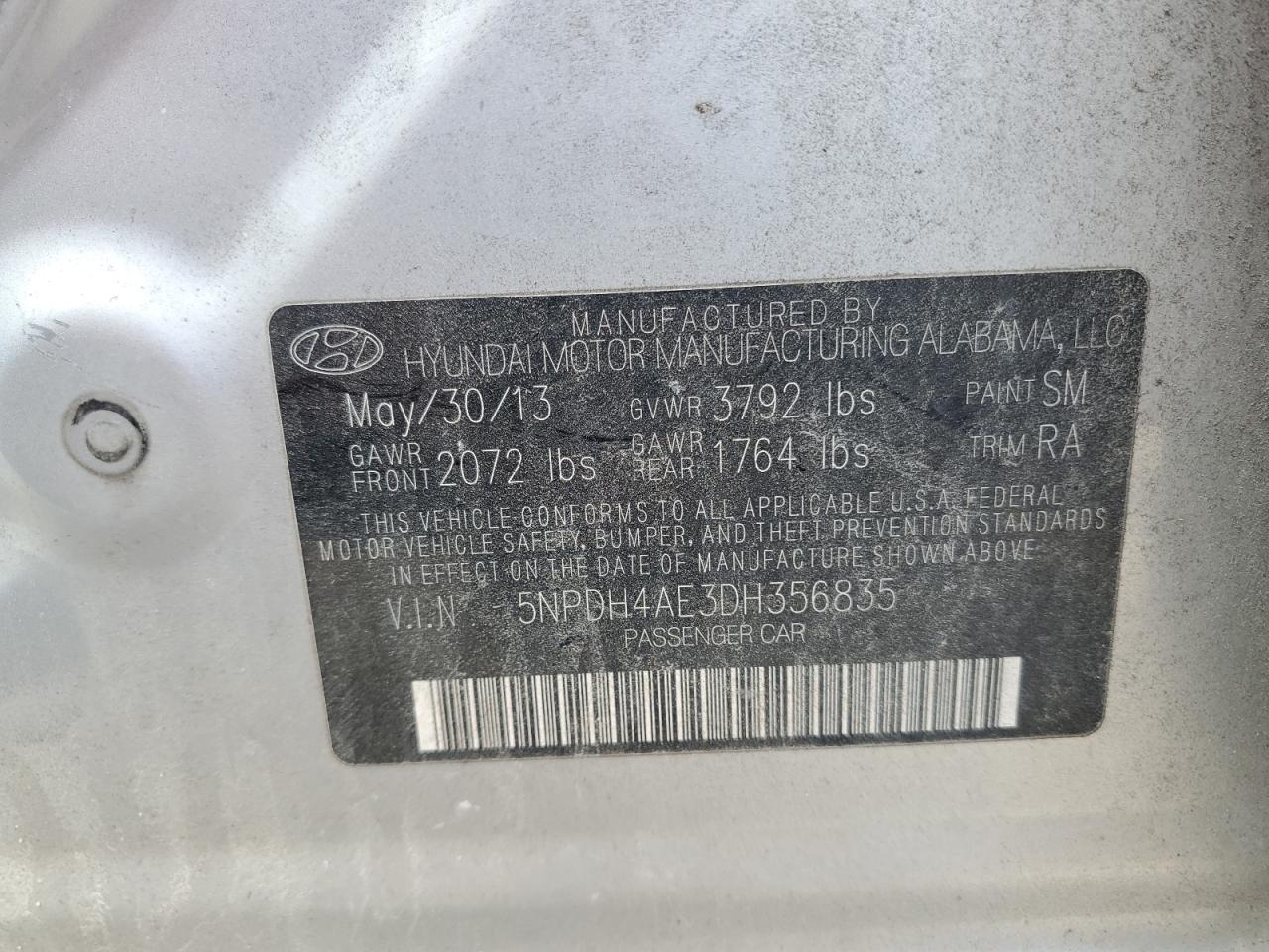 2013 Hyundai Elantra Gls VIN: 5NPDH4AE3DH356835 Lot: 81743535