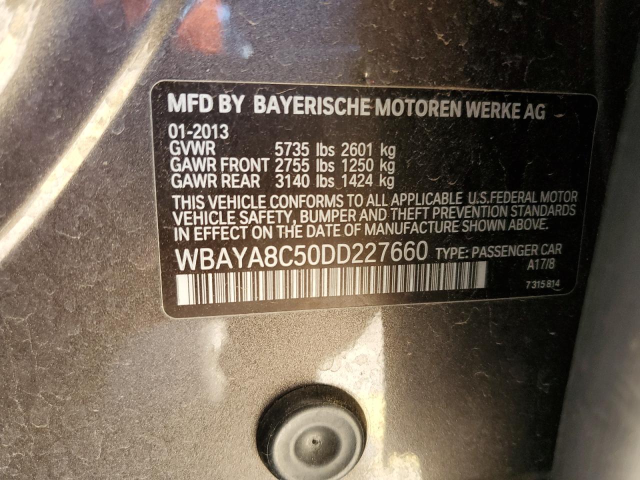 2013 BMW 750 I VIN: WBAYA8C50DD227660 Lot: 71820475