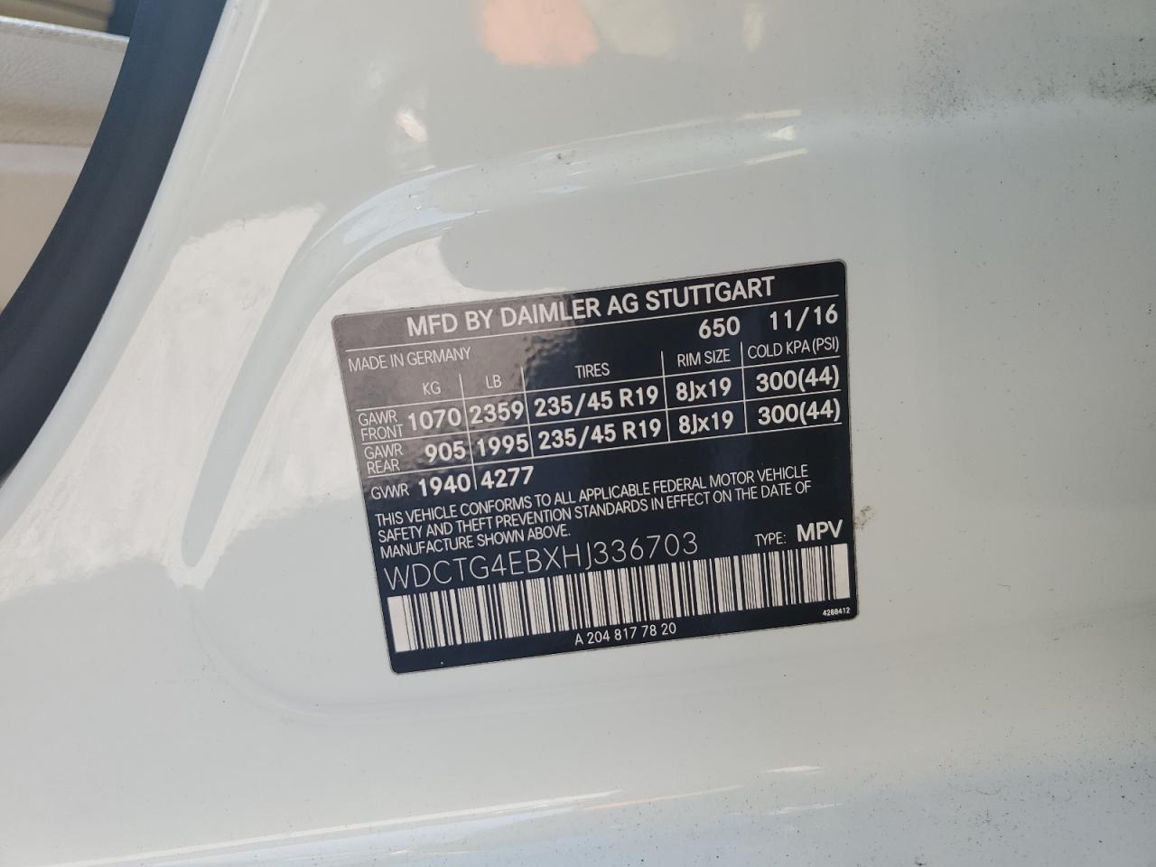 2017 Mercedes-Benz Gla 250 VIN: WDCTG4EBXHJ336703 Lot: 80021515