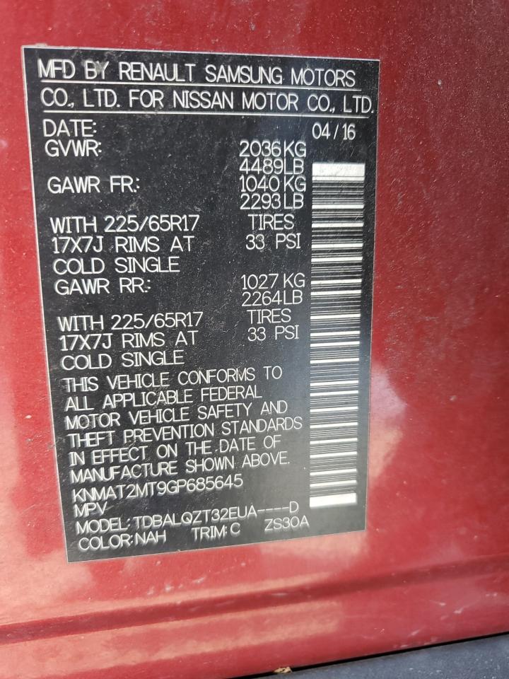 2016 Nissan Rogue S VIN: KNMAT2MT9GP685645 Lot: 81644375