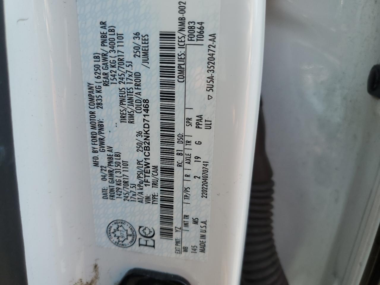 2022 Ford F150 Supercrew VIN: 1FTEW1CB2NKD71468 Lot: 80459185